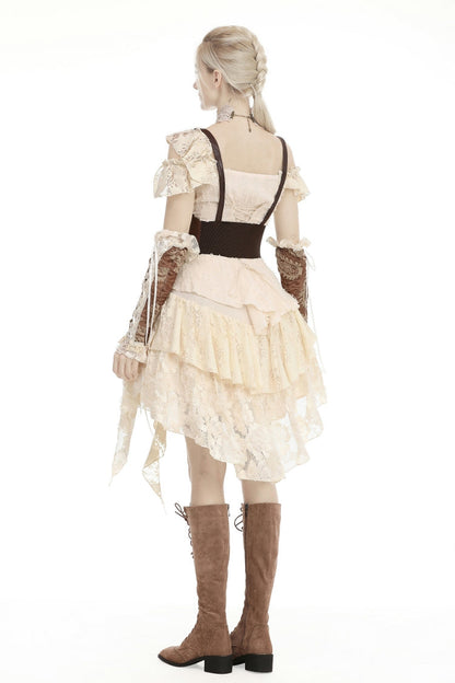 Steampunk Vintage Women's Dress with Irregular Ruffled Lace Layers, Cream