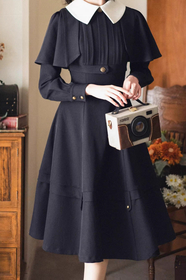 Classic Vintage Lolita Dress with Lapel Collar and Long Sleeves in Black