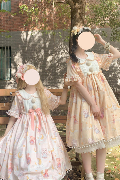 Doll Collar Short Sleeve Bunny Bear Moon Bow Stitch Sweet Dress