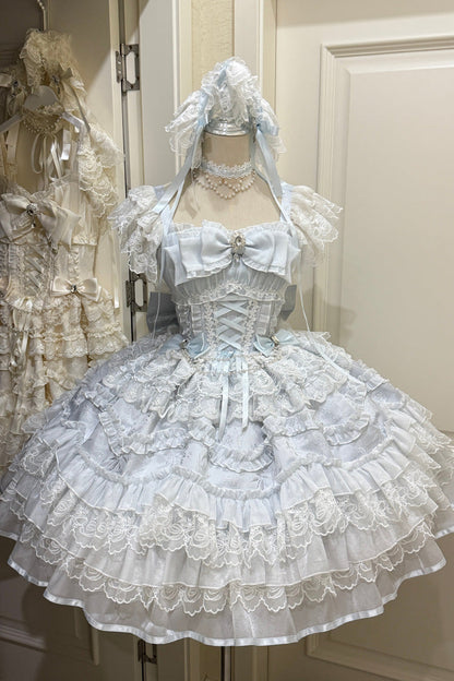 Azure Eternal Vow Sleeveless Ruffled Hanayome Bow Lace-Up Sweet Lolita Jumper Dress