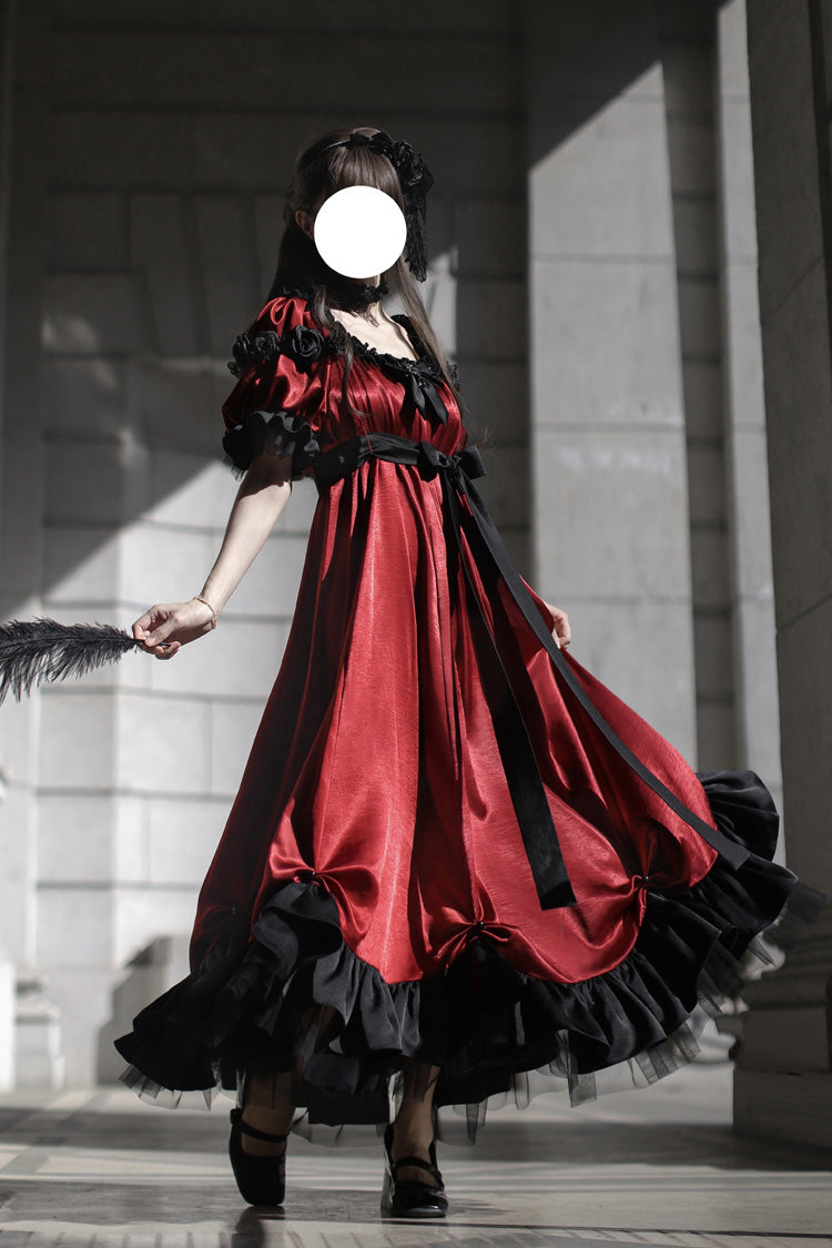 Crimson Square-Neck Vintage Lolita Dress with Ruffles and Bowknot