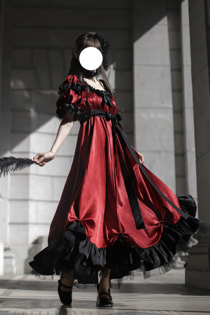 Crimson Square-Neck Vintage Lolita Dress with Ruffles and Bowknot