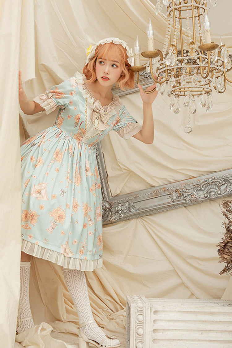 Emerald Sunflower Print Ruffled Bow Short-Sleeve Lolita Dress