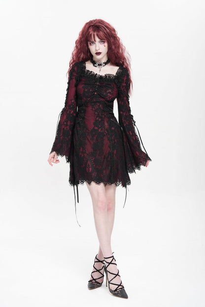 Crimson Square-Neck Gothic Dress with Floral Embroidery and Lace-Up