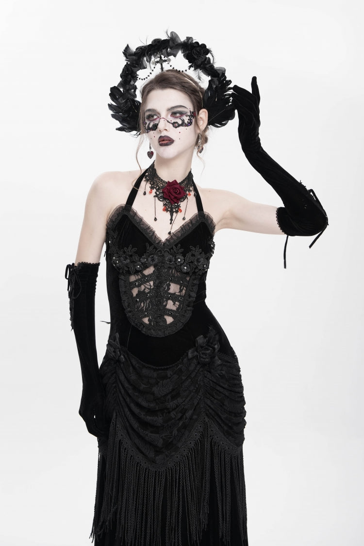No-Sleeve Floral Lace-Up Pleated Gothic Maxi Gown
