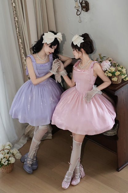 Blush Sleeveless Ruffle Bow Fishbone Sweet JSK - Foamy Sea