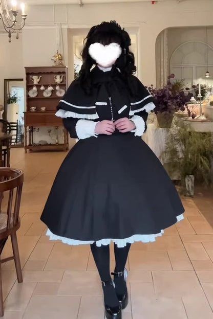 Maid Lolita Two-Piece Set with Cloak - Ruffled Bow Design