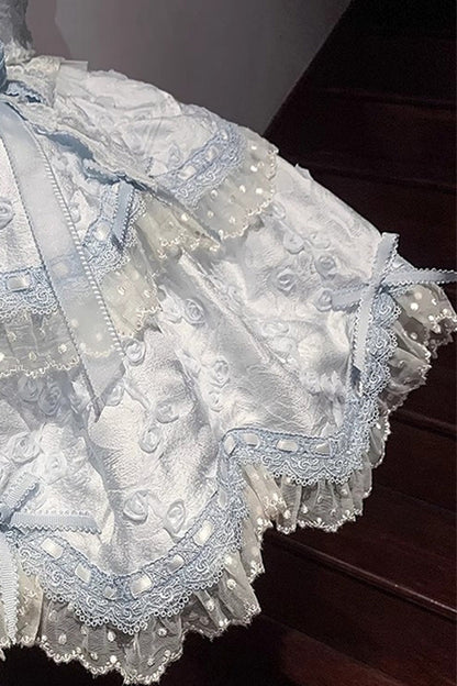 Floral Overture Double Ruffle Embroidery Bow Lace Sweet JSK