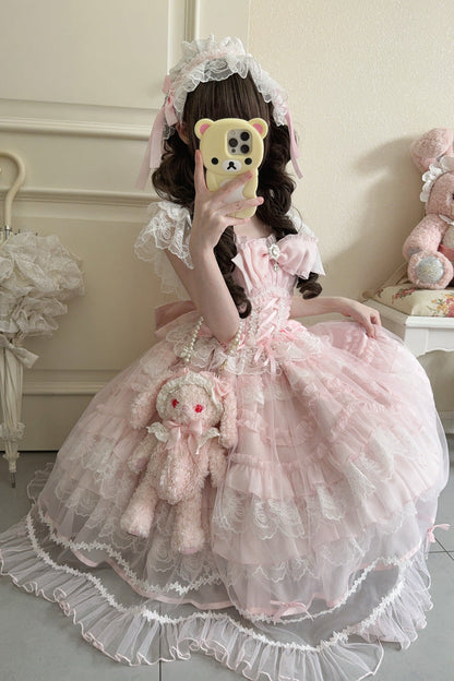 Blush Sleeveless Ruffled Lace-Up JSK with Bow