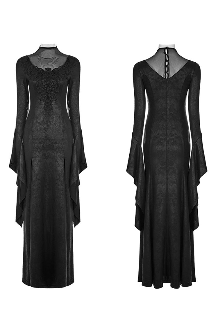 Ebony Flared-Sleeve Embroidered Elegant Cross Gothic Dress