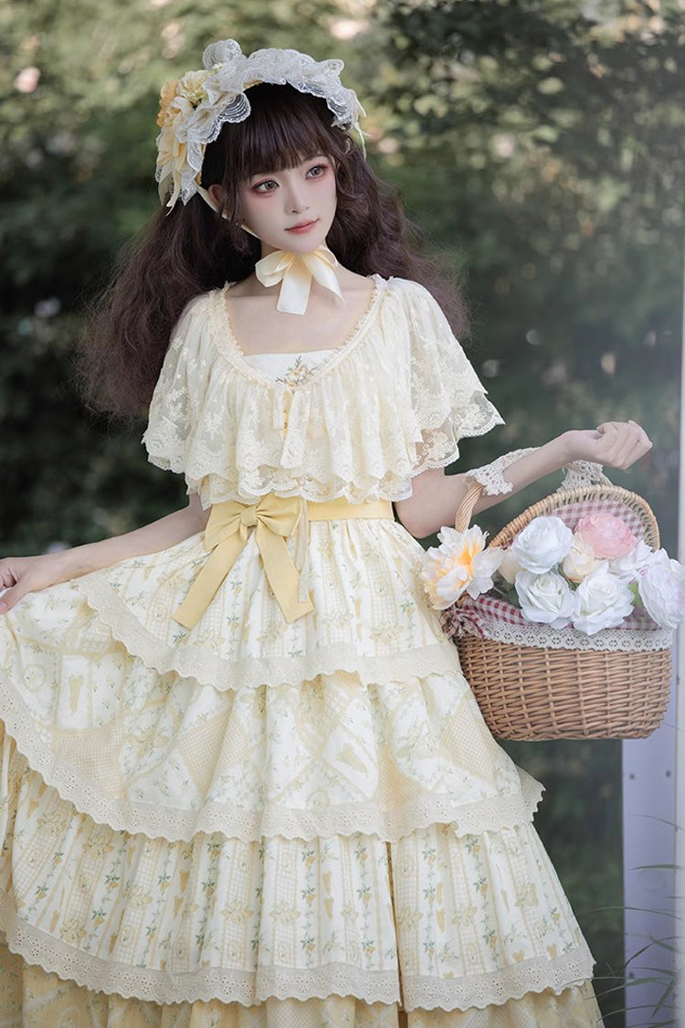 Multi-Layer Sunflower Print Ruffle Embroidery Chinese Sweet JSK