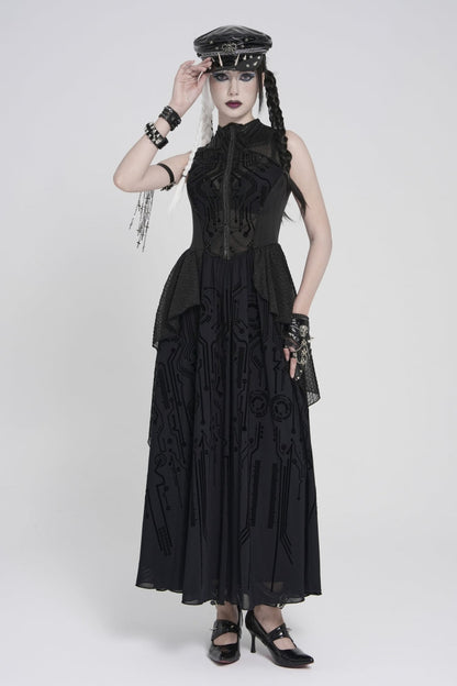 Gorgeous Black Punk Dress for Women, Layered Print with Sheer Fabric