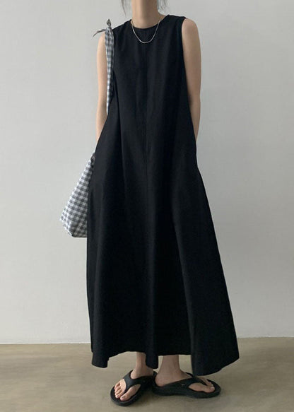 Black Sleeveless Robe O-Neck Cotton Dresses