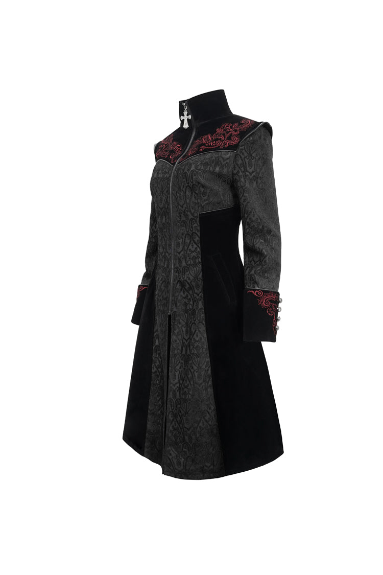 Embroidered Metal Cross Mushroom Buckle Studded Gothic Women's Coat in Black Jacquard