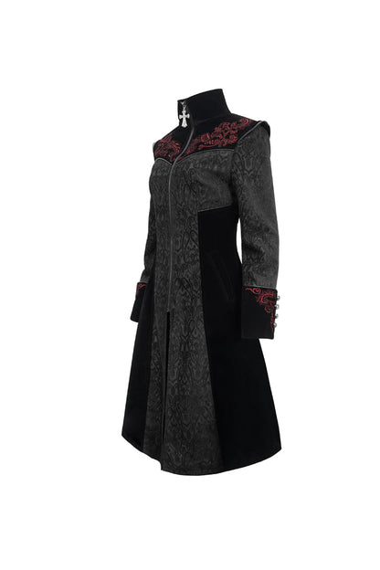 Embroidered Metal Cross Mushroom Buckle Studded Gothic Women's Coat in Black Jacquard