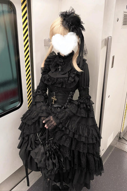 Gothic Lolita Skirt Dress Set with Long Hime Sleeves and Bow in Black