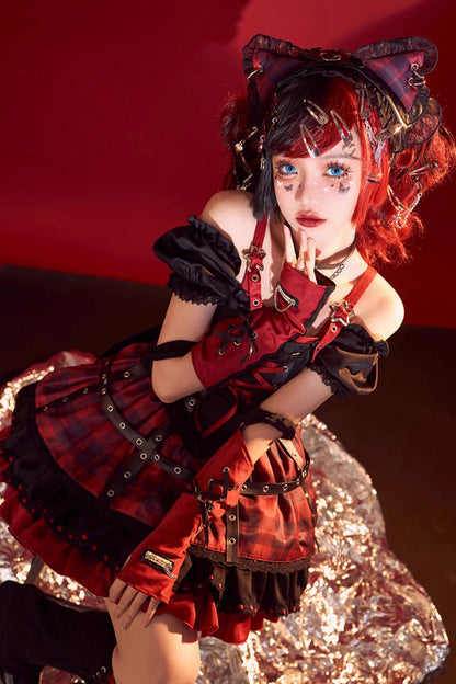 Crimson & Charcoal Floral Ruffle Laced Japanese Goth Princess JSK