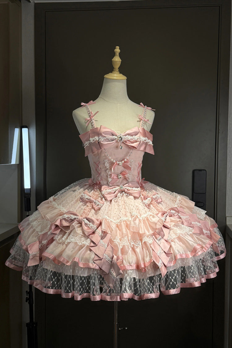 Blush Sleeveless Triple-Tier Ruffle Bow Lace Ballerina JSK - Gem Love