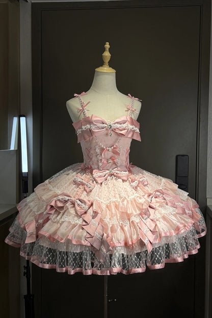 Blush Sleeveless Triple-Tier Ruffle Bow Lace Ballerina JSK - Gem Love