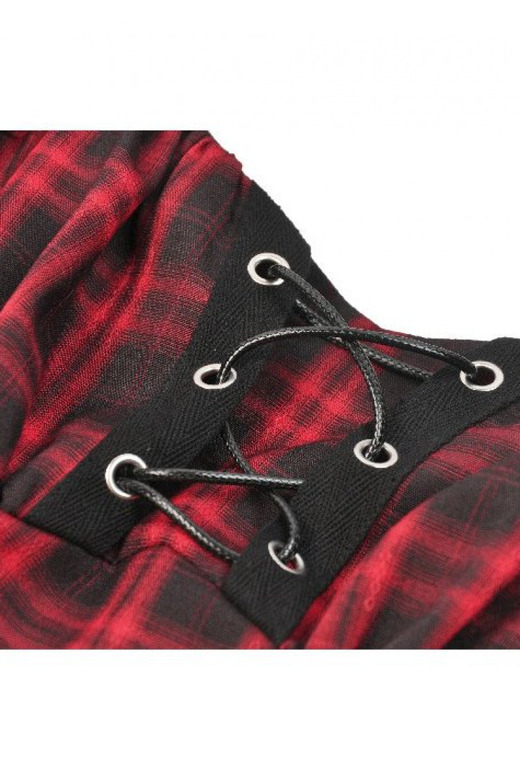 Crimson & Charcoal Tartan Notch Collar Cutout Short Sleeve Laced Punk Retro Mini Dress