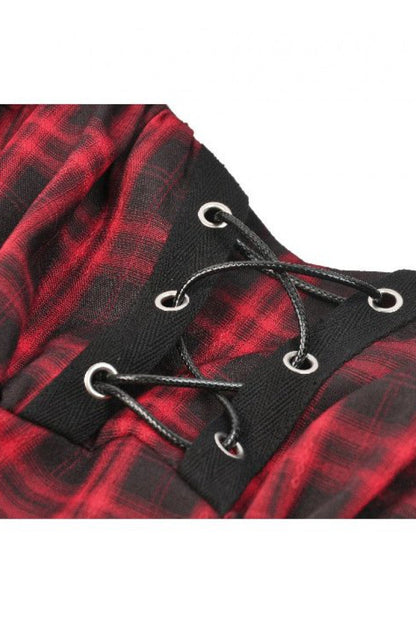 Crimson & Charcoal Tartan Notch Collar Cutout Short Sleeve Laced Punk Retro Mini Dress
