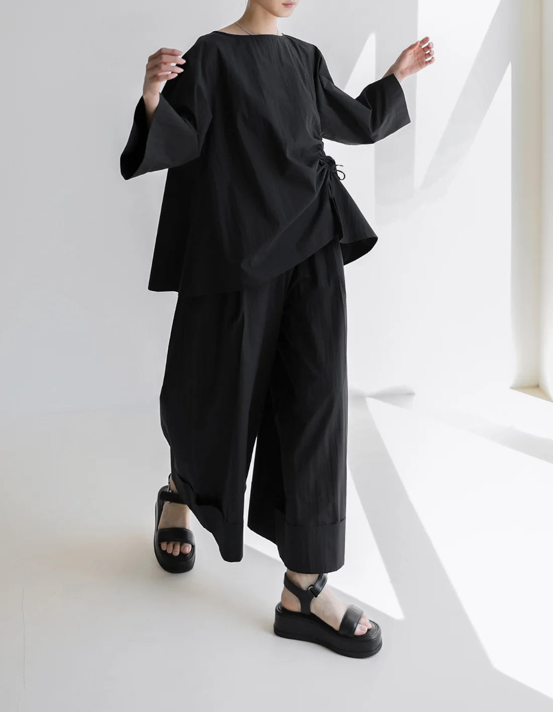 Casual Cotton Top Drawstring Sleeve Khaki Half Asymmetrical