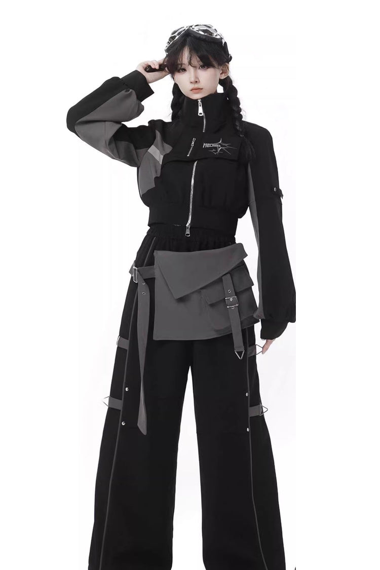 Ebony Techwear Paneled Zip Trousers & Cropped Jacket - Holographic Cruise