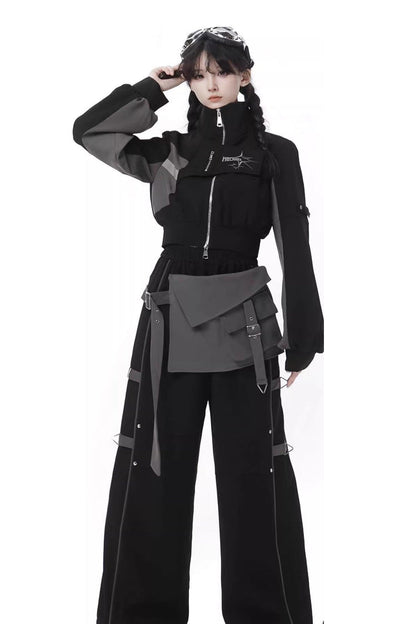 Ebony Techwear Paneled Zip Trousers & Cropped Jacket - Holographic Cruise
