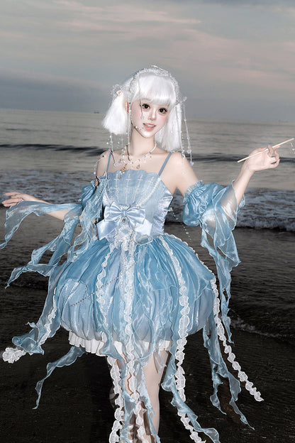 Dreamy Jellyfish Square Collar Printed Ruffled Lace JSK Set