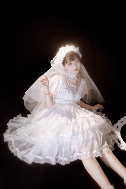 Ivory Castle Night Ruffled High-Waist Gothic Lolita Layered Dress