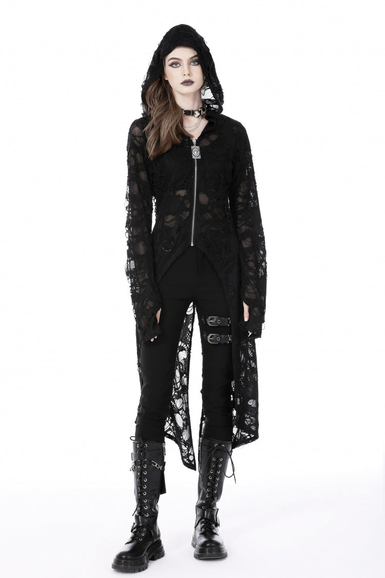 Ebony Long-Sleeve Ripped Zip Punk Long Hooded Coat