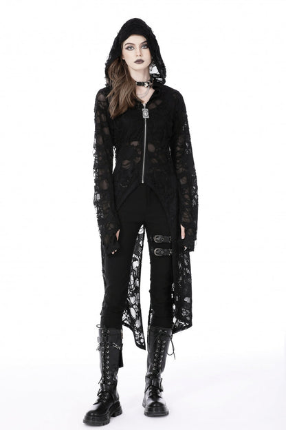 Ebony Long-Sleeve Ripped Zip Punk Long Hooded Coat