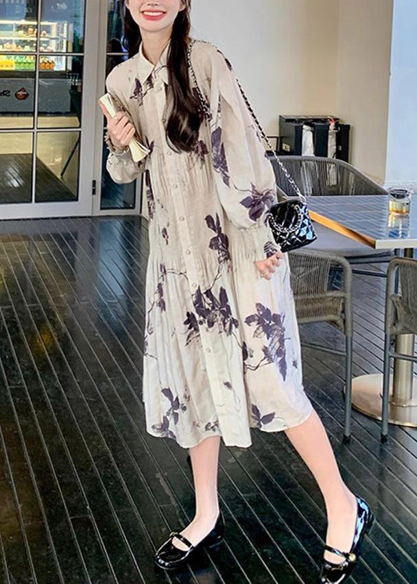 Style Lantern Dresses Chinese Collar Wrinkled Button Print Long