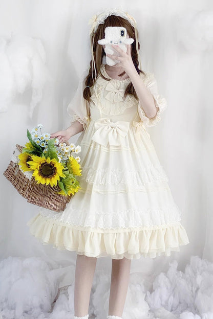 Cool Angel Sweet Lolita Dress with Bowknot, Ruffles & Short Lace Sleeves, Cream