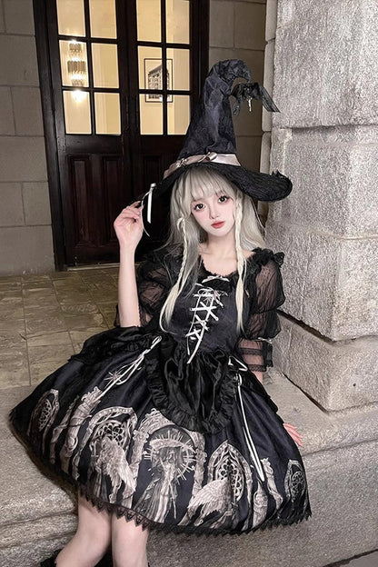 Gothic Punk Lolita JSK Dress with Ballet Lace-Up and Eternal Night Print