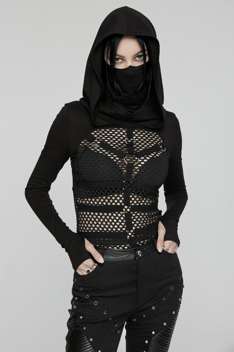 Ebony Long-Sleeve Hooded Sheer Punk Tee