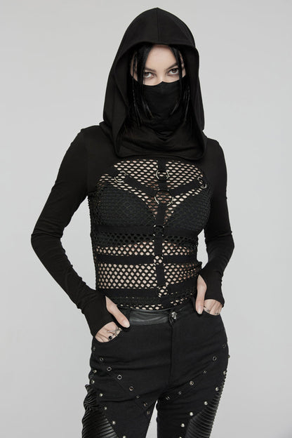 Ebony Long-Sleeve Hooded Sheer Punk Tee