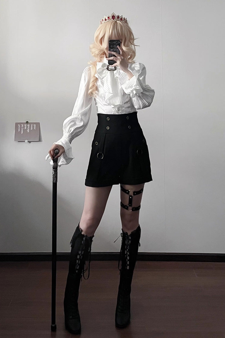 Lapel Collar Long Sleeve Striped Print Ruffle Ouji Gothic Blouse