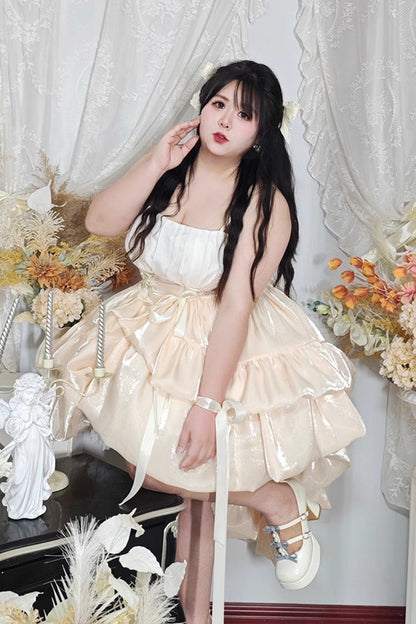 Plus Size Sweet Lolita JSK Dress with Multi-Layered Ruffles & Bowknot, Cream