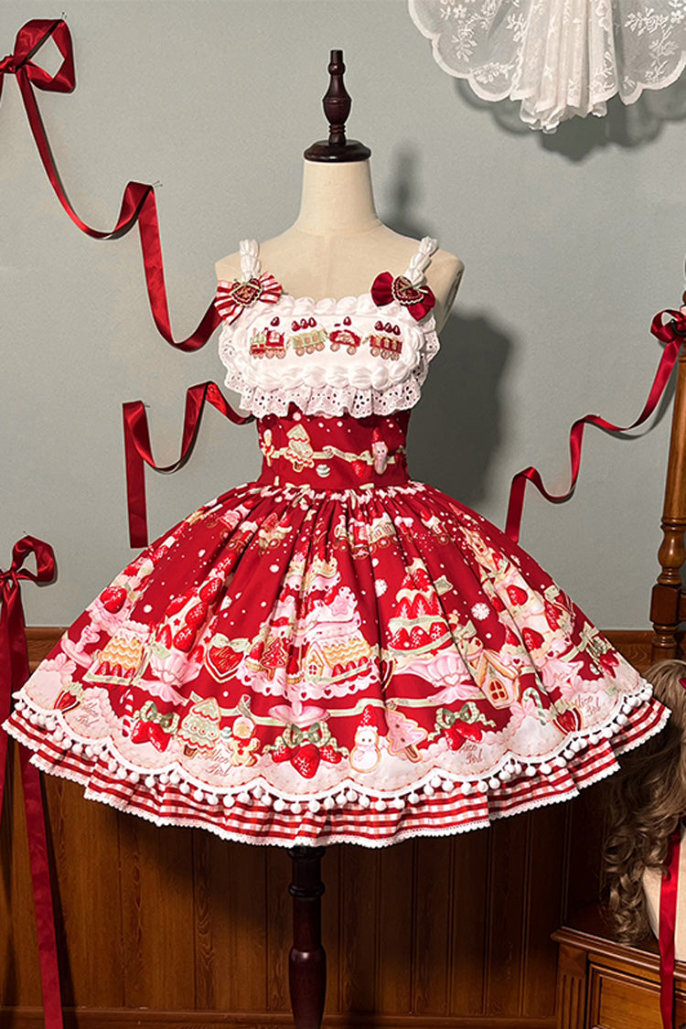 Natural Waisted Ruffle Bowknot Sweet Lolita JSK Dress with Strawberry Dessert Print - 4 Colors