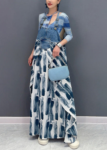 Art Blue Print Pockets Patchwork Long Dress Sleeveless AR1034