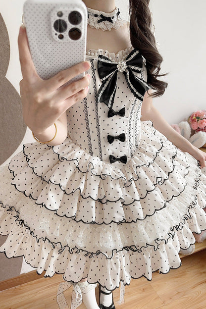 Sweet Princess Lolita JSK Gown with Polka Dots, Ruffles & Sleeveless Bow