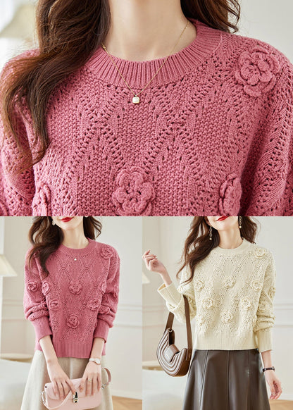 Pulls en tricot uni à imprimé floral rose ajouré Automne QC033 