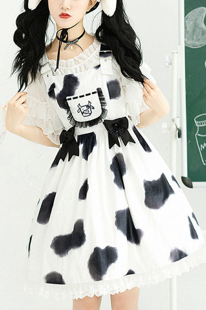 Ivory Cow Pattern Bow Ruffled Sweet Lolita JSK