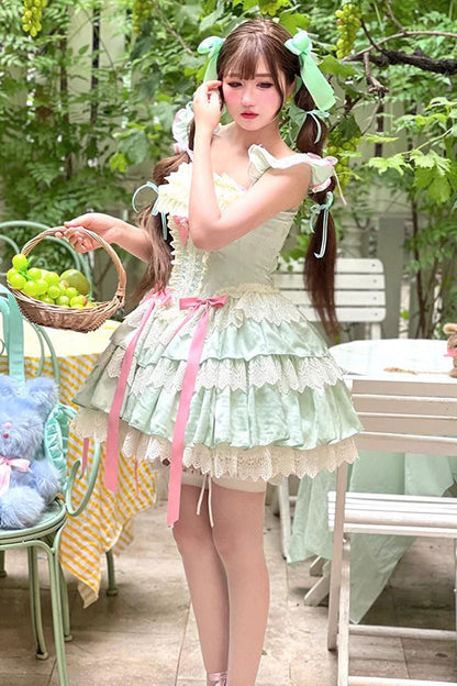 Emerald Mint Multi-Layered Ruffle Bow Lace Ballet Sweet Dress