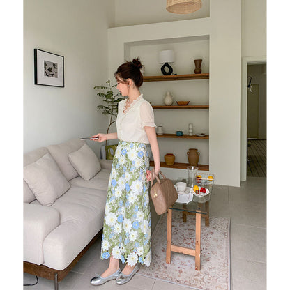 Floral Green Straight Elegant Embroidery Skirt