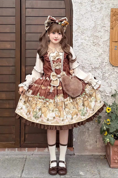 Squirrel Chocolate Shop Doll Collar Sweet Lolita Dress with Bow - Long Sleeves