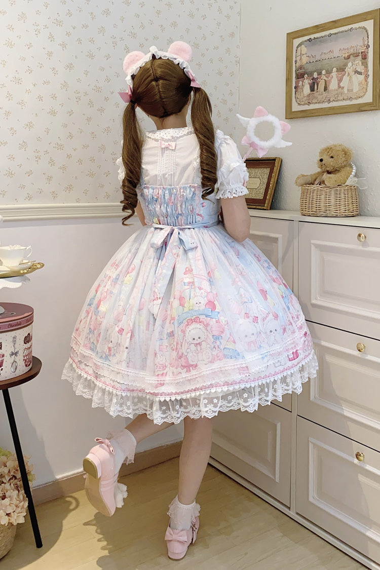 Azure Cute Rabbit Sweet Cake Print Ruffle Bow Lace Sweet Lolita Jumper Dress