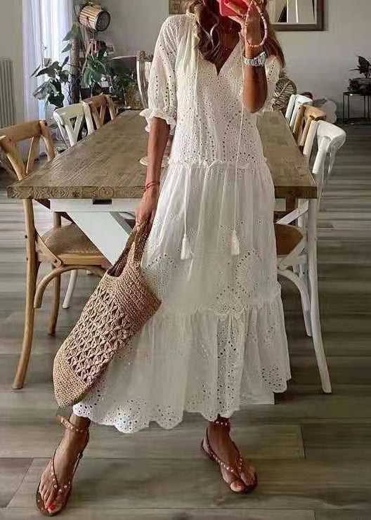Cotton Ruffled Elegant Summer Party Out Dress Hollow White