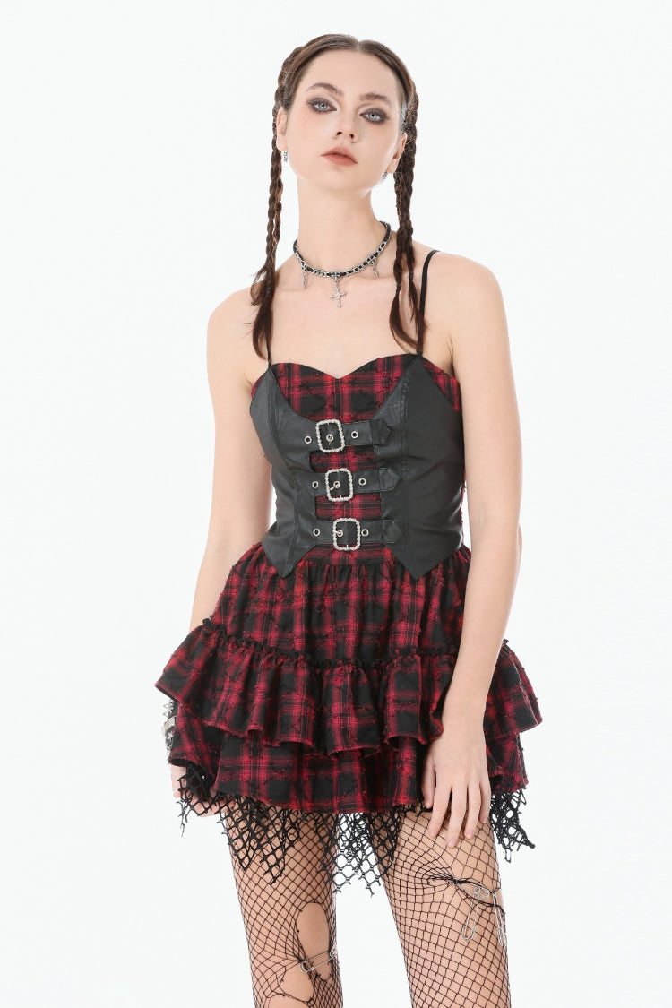 Crimson & Charcoal Tartan Leather Multi-Tier Ruffled Punk Sweetcore Slip Dress